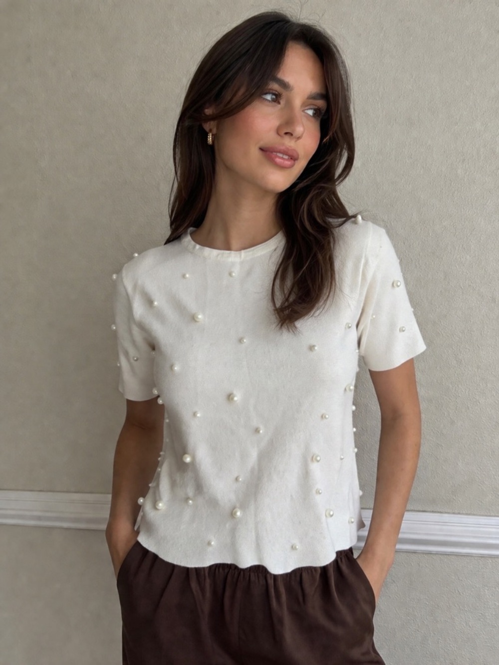 Zara Cream Short Sleeve Pearl Embellished Tee